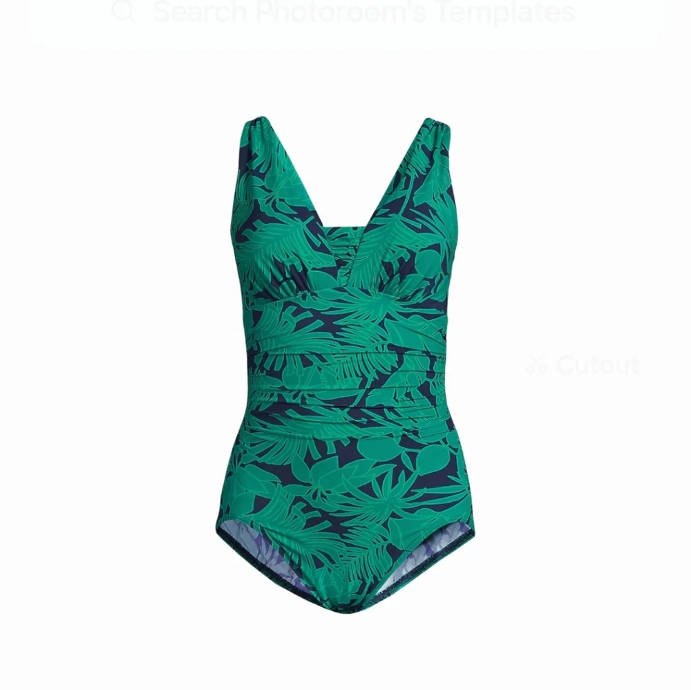 NEW LANDS END Slender Suit Grecian Low Leg One Piece Swimsuit Black & Green  16 - Picture 3 of 3